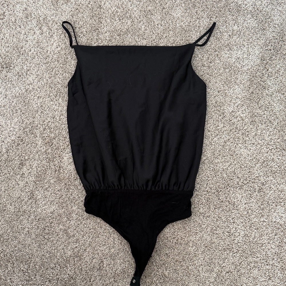 Lulus Emmerson Black Satin Sleeveless Cowl Neck Bodysuit - Size S
